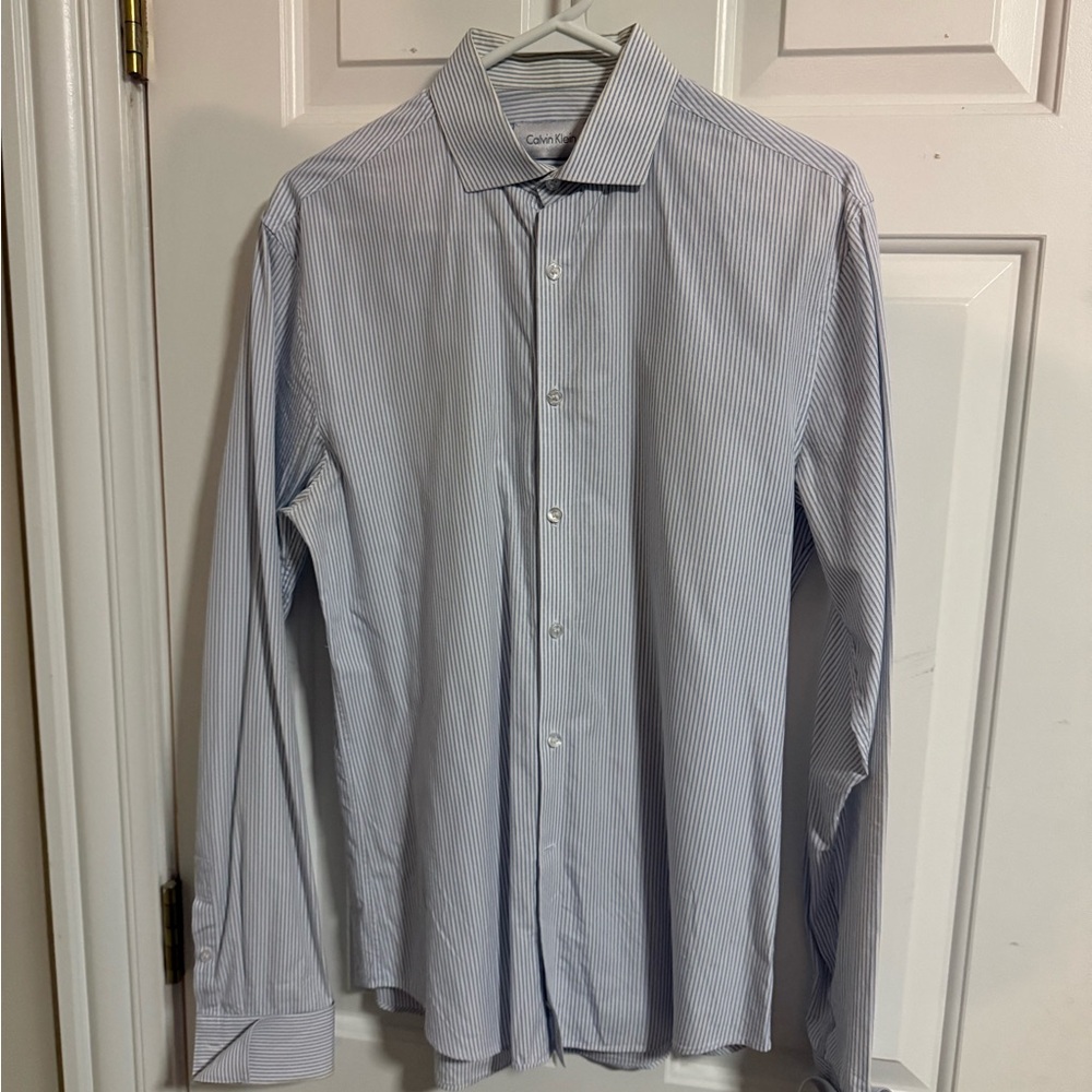 Calvin Klein Men's Blue French Cuff Striped Shirt